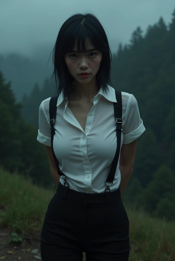 a woman in a suit, belt, hands behind back, sweating, suspenders, black pants, sexly, large breasts, see-through clothing,, detective, office worker, white button-up shirt, (best quality,4K,8k,highres,masterpiece:1.2),ultra-detailed,(realistic,photorealistic,photo-realistic:1.37),hyper-detailed,highly detailed face and body, Slender thin suspenders Moderate breasts See-through shirt Nipples holster chain Pistol Armament criminal Female criminal knife japanese profile Japanese women arrested handcuff Cable tie on thumb The woman has her hands tied、put your hands behind your back、(((I clasped my hands behind my back)))、(((Her wrists are wrapped in rope)))、beauty、20Year、university student、Standing on a hill at night、There are a lot of trees、、Wear a long skirt、Uniform eyes、Balanced、Moderate、Small breasts、Small face、(I can see from head to heel), Black Hair, bangs, Swept bangs, Straight hair, Nervous, Messy Hair, debtloating hair, Cinema Lighting, throw, Nikon, Surrealism, 超High resolution, Highest quality, High resolution, Anatomically correct body、, tachi-e, First Person View, debtrom behind, debt/1.2, 8k, Textured SkinMini Skirt Knee-high garter handcuffs