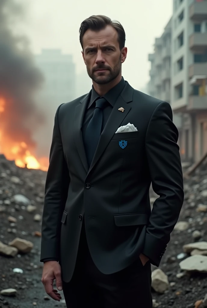 Man wearing a black suit and on the suit the VME logo embroidered in blue in the background a war