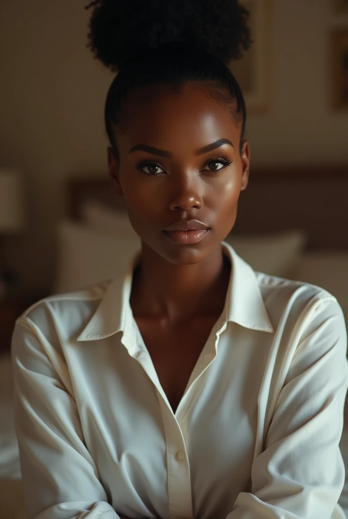 black woman hair in a bun white shirt no pants in bedroom