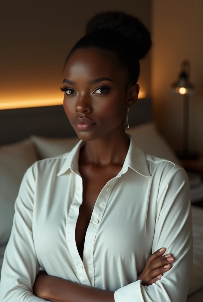 black woman hair in a bun white shirt no pants in bedroom
