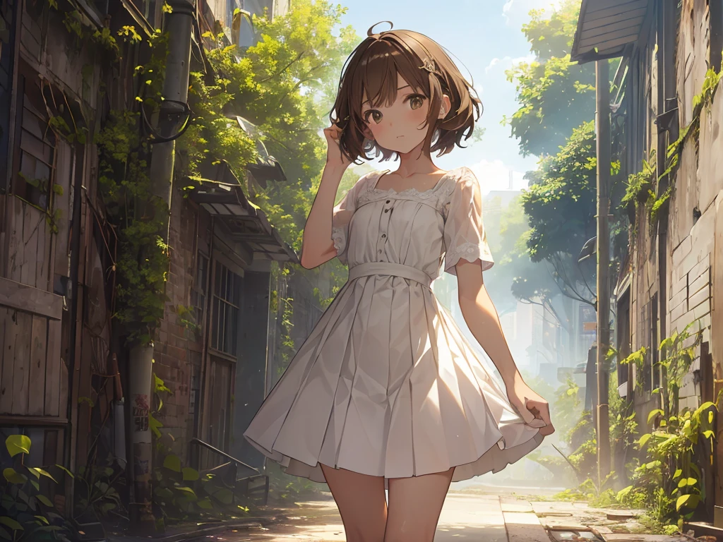 (masterpiece:1.2), best quality, highres, original, (extremely detailed:1.2), ultra-detailed, wallpaper, perfect lighting,(extremely detailed CG:1.2), 8k, anime illustration, 1boy, solo, crossdressing, (brown hair, Bob hairstyle,haircut:1.1), (white knee-length dress, summer dress, pleated dress, short sleeves, lace hemline, delicate dress, flat chest:1.2), walking in urban ruins, (urban ruins filled with natural vibes:1.2), (anatomically correct:1.5), full body, (cityscape background:0.8), overgrown plants, crumbling buildings, sunlight filtering through trees, peaceful expression, sunny