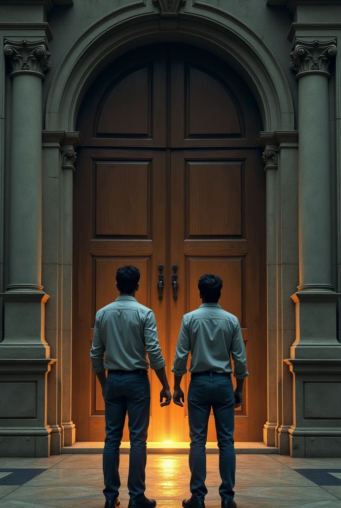 Vikram and Raj standing at the mansion's massive wooden door, looking startled as they hear a mysterious creaking sound.