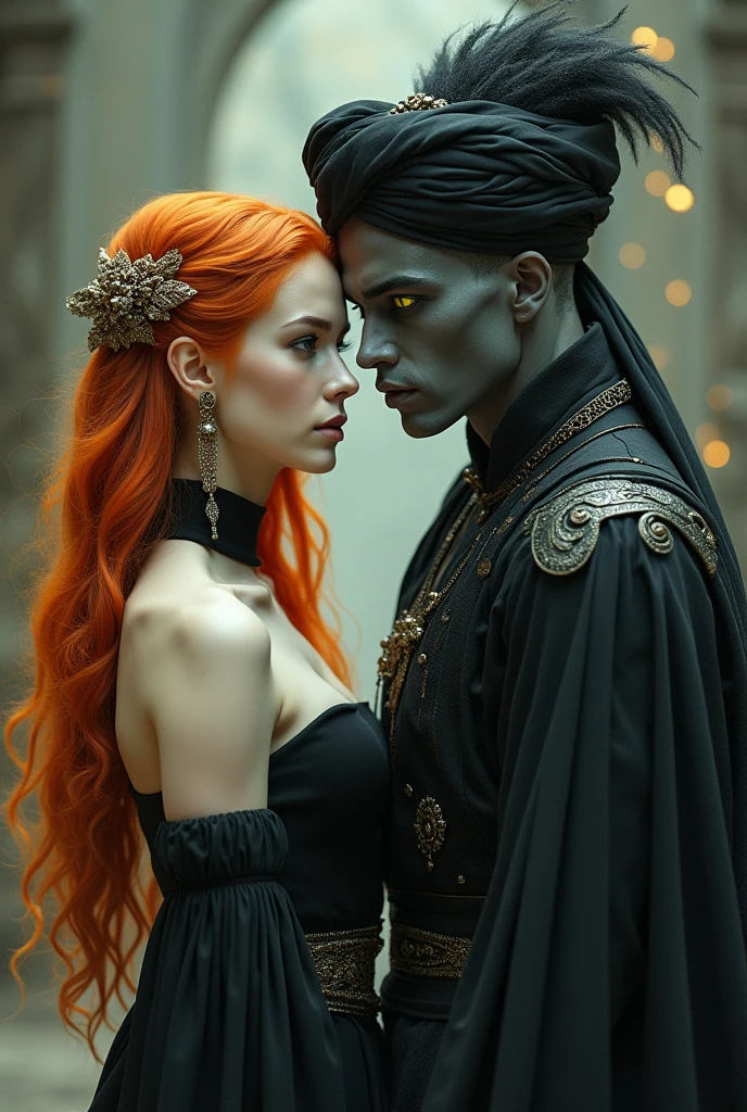 long orange hair,white skin,yellow eyes,black dress human Women.And male handsome Jinn with gray skin,wolfcut black hair,green eyes,turban and robe,muscular
