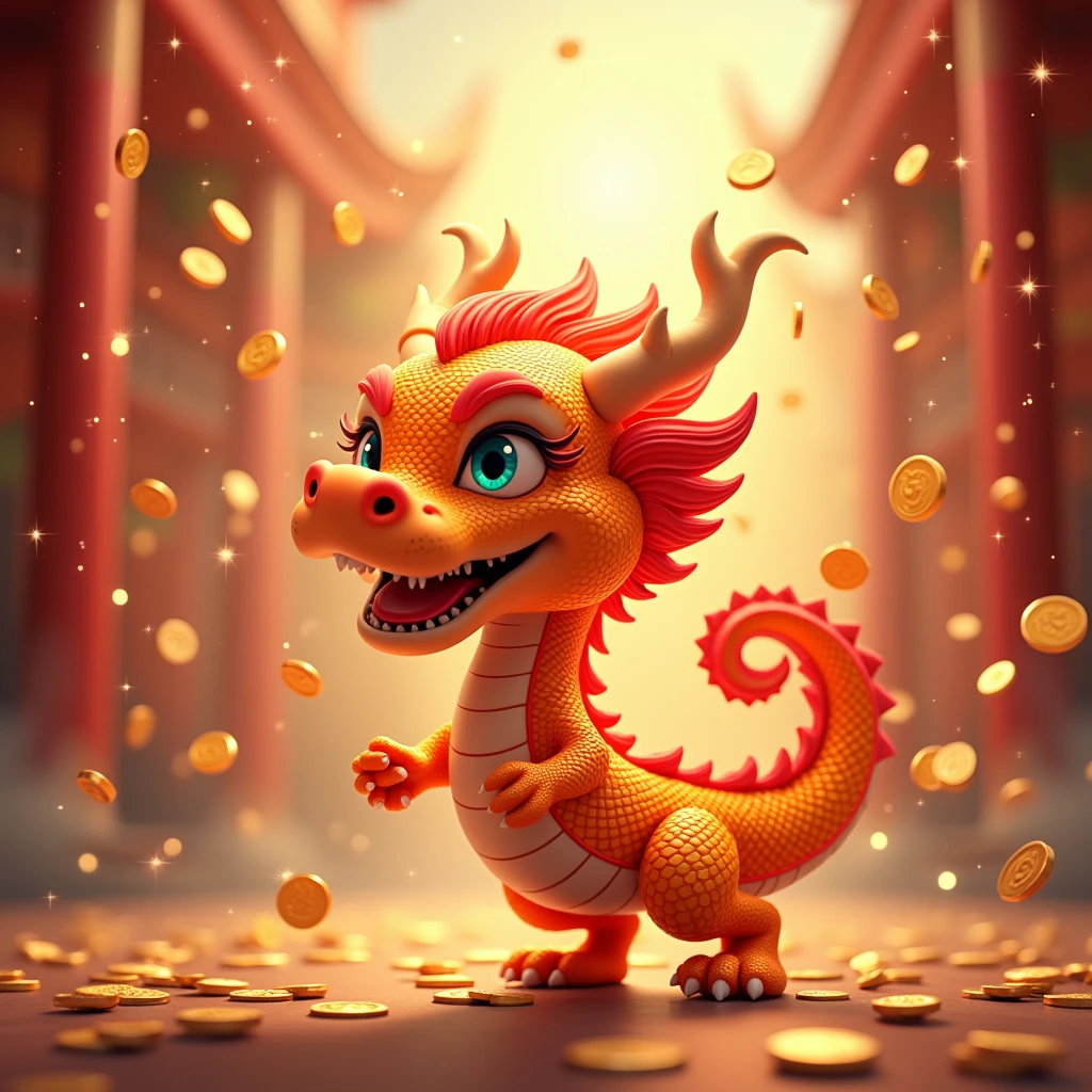 In the lively scene of New Year,Zodiac dragon with a happy smile,Gold sparkles all around,Gold coins rain down from the sky,Create a festive and prosperous atmosphere
