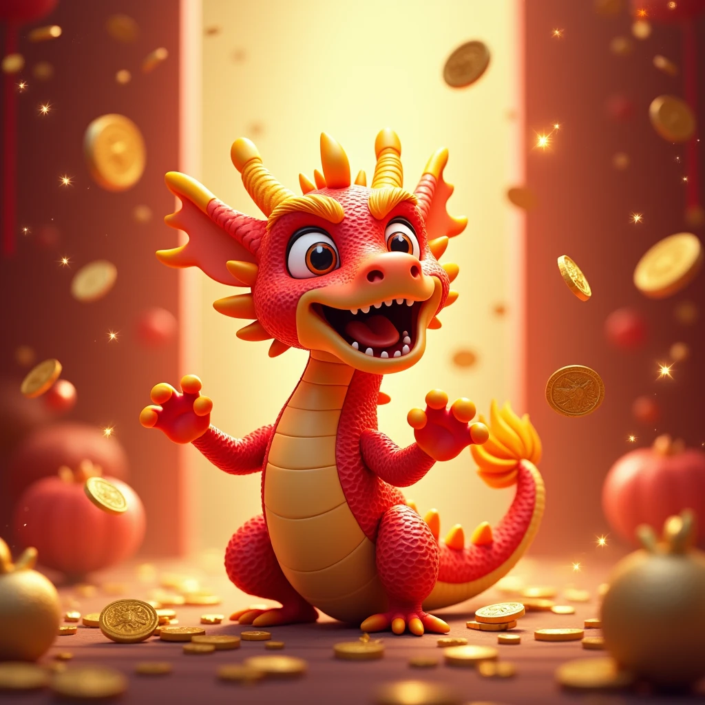 In the lively scene of New Year，Zodiac dragon with a happy smile，Gold sparkles all around，Gold coins rain down from the sky，Create a festive and prosperous atmosphere