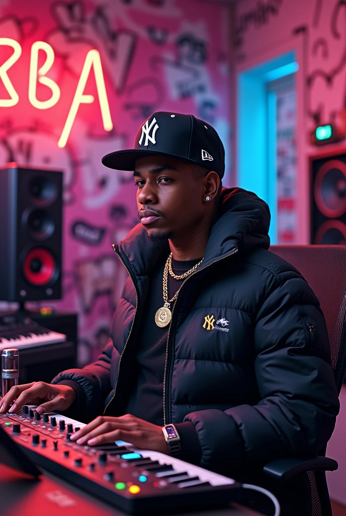 Created by 2 black American rapper with graffiti art as background A stylish place A cool rapper like Tyga New Era Cap Recording in progress