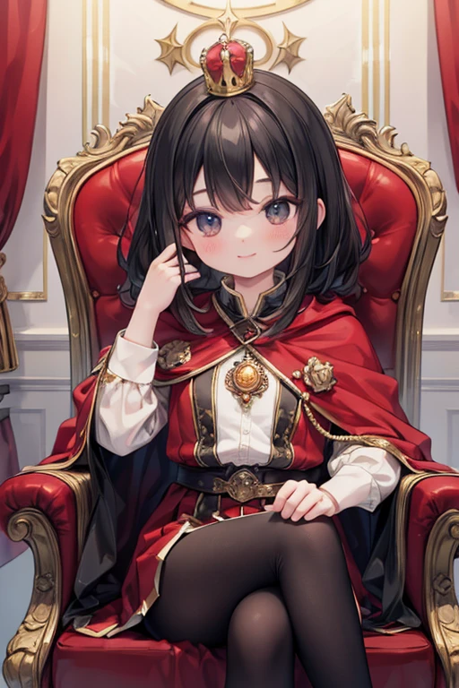 masterpiece, Highest quality, Very detailed, 16K, Ultra-high resolution, Perfect Fingers, Detailed face, One man, black eye, Black Hair, smile, Red Cape, Luxurious clothes, crown, royal palace, Sitting on the throne