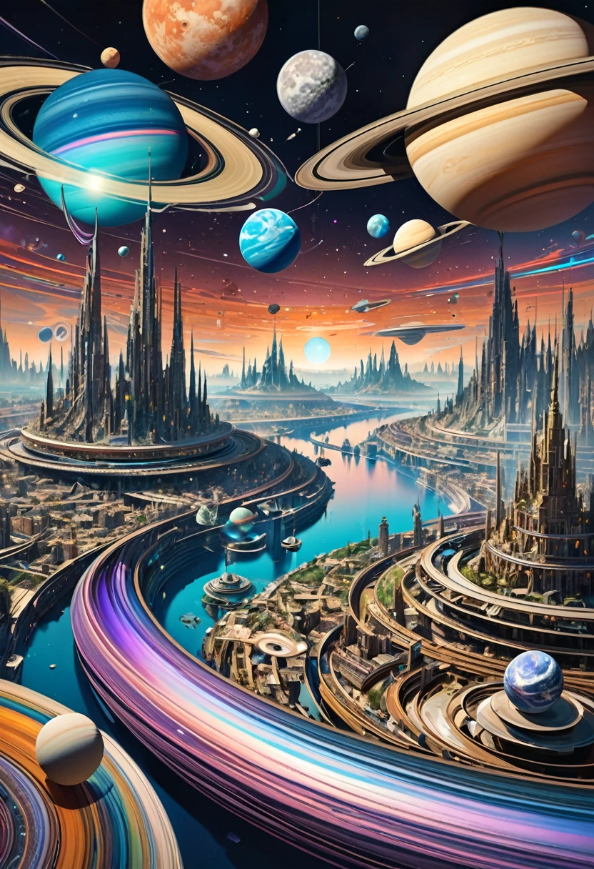 3D drawing art, fusion of acrylic and collage paintings, high and fine artwork, fantasy world, planet with rings like Saturn, mysterious city on the rings, mysterious iridescent creatures flying in the sky, randomly shaped full planets with flowing atmospheres, planetary full rings, shadows, contrast, conceptual installation art, (ultra detailed, absolutely resolution, best quality:1.3), 2.5D, delicate and dynamic effects, iridescent effects, artistic photography, hyper realistic, graphic CG digital art