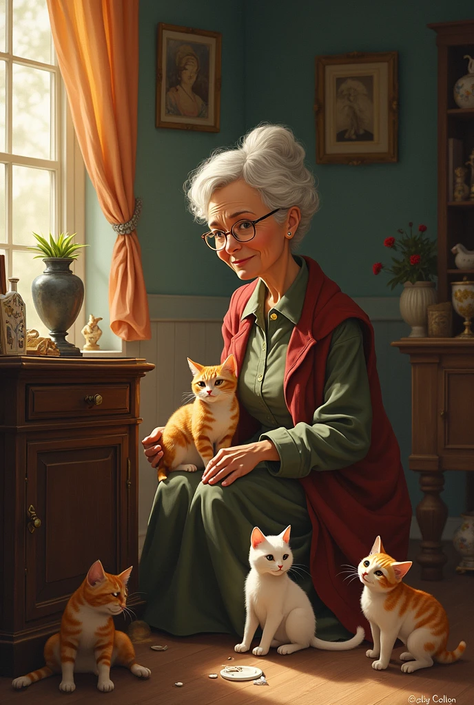 . Thompson: The kind-hearted human owner of the cats, who is deeply sentimental about her family heirlooms and unknowingly benefits from the cats’ secret nighttime escapades.