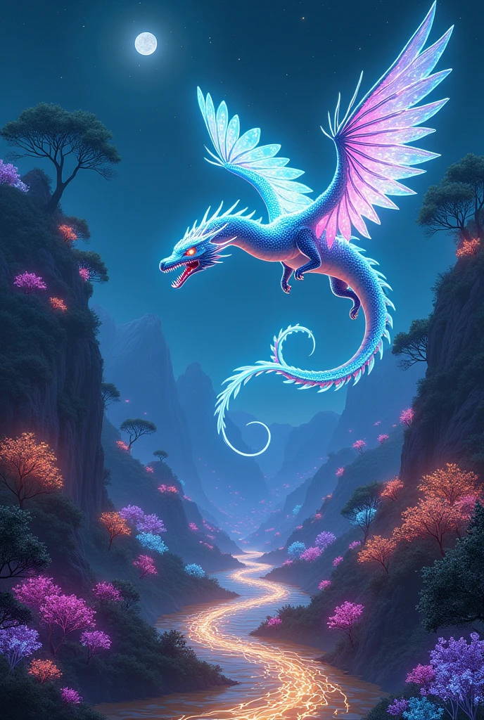 “A vast, bioluminescent valley filled with vibrant, glowing flora that illuminates the night with a spectrum of vivid colors. A river of golden water winds through the landscape, softly shimmering in the moonlight. A colossal luminescent serpent-dragon glides gracefully above, its neon scales glowing brightly, and its wings made of light itself. Nearby, the Shaman of Echoes, a creature with a humanoid form and avian features, adorned in feathers of pure energy that change color with emotion, chants to control the weather and the river’s tides. The scene is magical, ethereal, with a deep connection to nature and mysticism.”