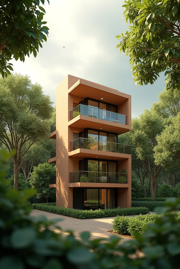 TOWNHOUSE, no balcony, MODERN STYLE, VRAY RENDER, SURROUNDED WITH GREEN TREES, WARM TONES, CLOUDY SKY, MORNING