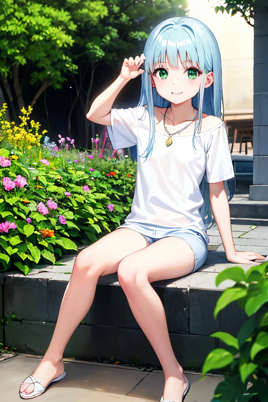 Cabello largo plateado, ojos verdes, headband, necklace, white clothes, flat breast, t-shirt, shorts, womb tattoo, muslos hermosos, sonrisa, happy, garden, deshabitado, transparent clothing