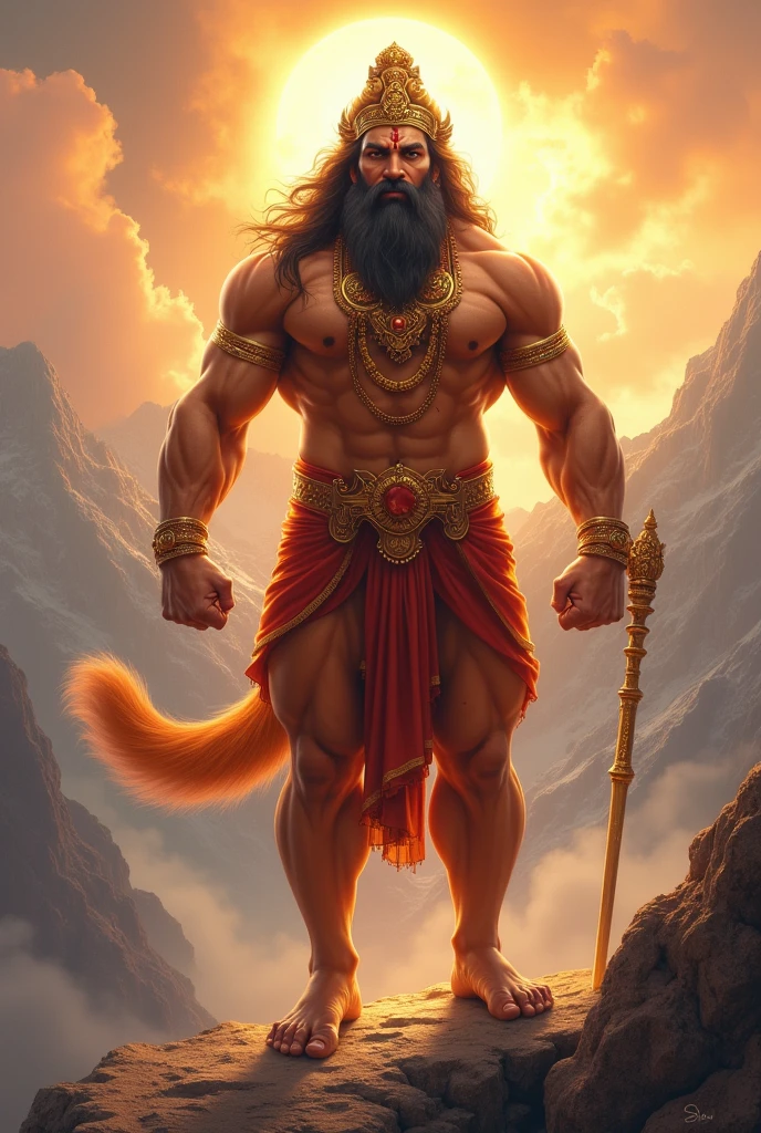 
"Create an image of Lord Hanuman, the revered Hindu deity known for his immense strength and devotion. Depict him as a powerful, divine figure with a muscular physique, carrying a mountain in one hand and his iconic gada (mace) in the other. He should look like real hanuman, wearing traditional golden ornaments and a red dhoti. His long tail curls upwards, and his body is covered in reddish fur. Behind him, show a radiant aura and a backdrop of a serene mountain landscape with a bright, golden sky, symbolizing his divinity and strength. Hanuman chalisa hanuman monkey 