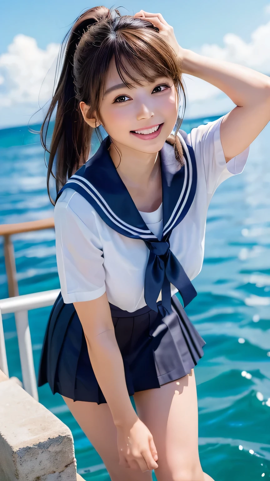 (Ultra-high resolution, DSLR shot, 8k, highest quality, high resolution, top quality, highest resolution, very beautiful woman, perfect anatomy), bright brown eyes, very bright brown eyes, small diamond-shaped earrings, looking directly at the camera, beautiful brown hair, ((baby face, loosely cute medium ponytail)), very short and beautiful bangs on brown hair, E-cup breasts, showing a beautiful décolletage, very beautiful 20-year-old, lip gloss, smiling very happily, very cute smile, upper teeth, beautiful teeth, (beautiful blue tropical sea and sky with a horizon line (background only)), slightly larger eyes, small face, tall supermodel, beautifully shaped model, random cute poses, dynamic angle, eye focus, head tilt, very detailed and realistic, very beautiful 20-year-old, ((medium shot)), sharp jawline, ((mini-skirt sailor uniform)), deep waist curve, sexy legs, random cute poses in gravure style, summer daytime.