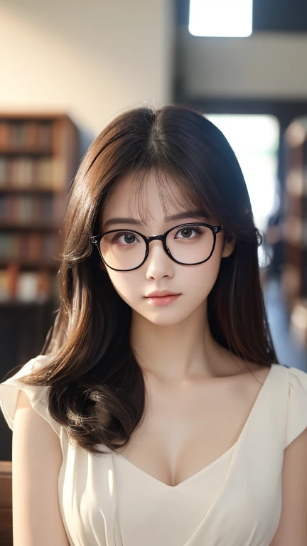 Tabletop、(masterpiece:1.3), (8k, Photorealistic: 1.4, RAW Photos, Best image quality: 1.4), Japanese Idols、Super detailed face、Attention to detail、Genuine、 double eyelid、Big and attractive eyes、Perfectly beautiful eyes、 Sharp focus:1.2、Beautiful woman:1.5、 Light brown hair、 Highest quality、masterpiece、Ultra-high resolution、Depth of written boundary、Perfect Shadow、(Photorealistic:1.4)、 Highly detailed and professional lighting、 Perfectly shaped、Symmetrical face、beautiful girl、Glowing Skin、Sharp focus, Perfect Anatomy,Realistic Light、Large black-rimmed glasses、realistic glasses、library、Full body view、