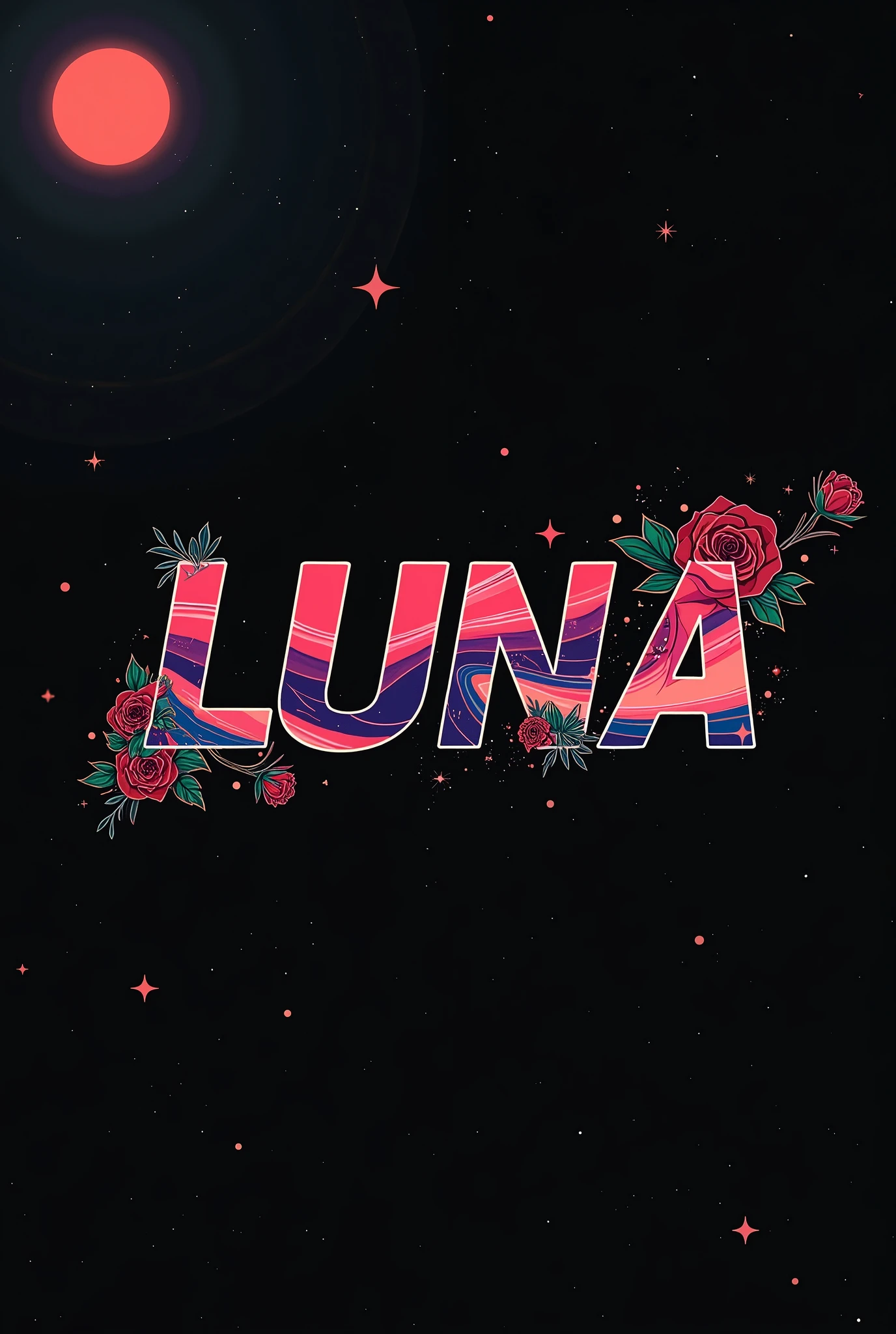 High resolution, logo spelling swiftly “Luna” cool, Jdm theme, anime theme, Cyberpunk vibe name spelling, brand logo, logo for tshirt, brand logo “LUNA”, neon vibes, acid trip vibes, acid trip, shooting stars, acid trip inside “LUNA”, acid trip, hallucinations inside “LUNA”, Waves of hallucinations, stars in the background, red strange moon, red roses with green leaves, blood moon,