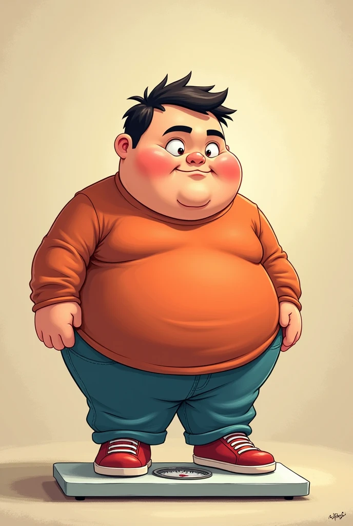 Make me a sequence of illustrations . A fat boy bet that he would lose a lot of weight on the scale , in the middle of the challenge he lost a lot of weight , but in the end he fooled me again