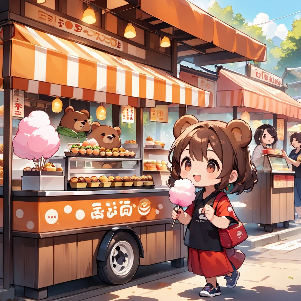 Chibi Cute, Brown bear character、Enjoying takoyaki and cotton candy from the food stalls