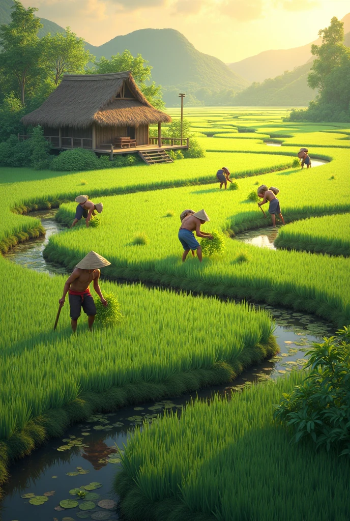 A group of farmers are farming in a rice field with irrigation and there is a hut