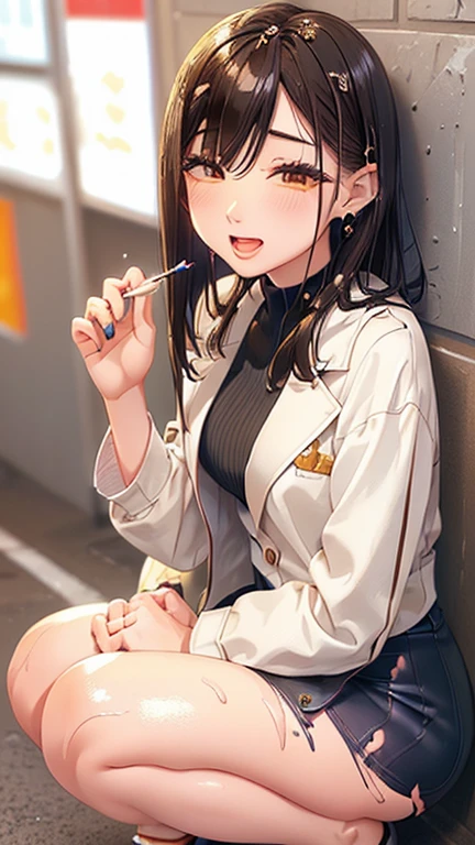 /quality
(masterpiece,best quality,High resolution,高quality,Realistic)

/HairstylesStraight Hair

/Clothes
(Pencil Skirt,Job interview suit,blouse,Jacket,Torn pantyhose:1.5,Earrings)

/Pose Crouching,sit
Leaning against a wall,
Spread your legs:1.5

(Ahegao,orgasm,vapor:1.5,Wish:1.5),

/Other Crowds:1.5,Fair skin,Feet Focus,Leaning against a wall,male,hand of:1.5,night, roadside,ID card,White chocolate:1.5