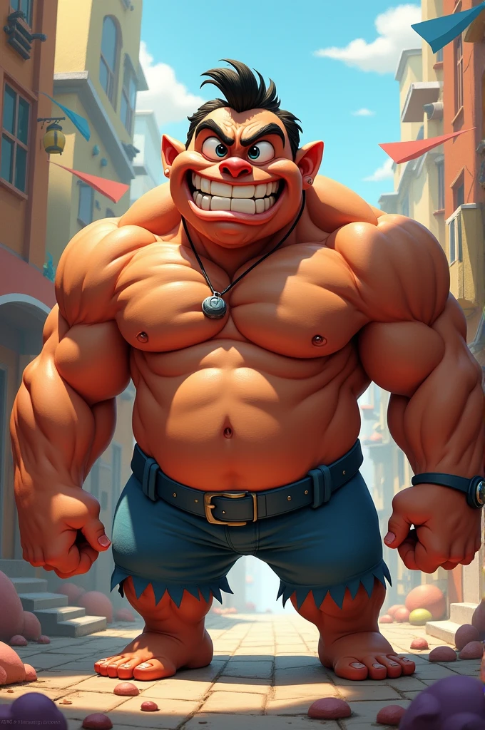 Make me a cartoon character who is muscular, scary but cute