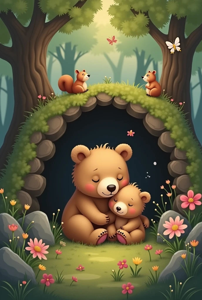 A cute little bear was born in the forest、Sleeping in mother bear's arms Very small and cute sleeping face In a place like a tree cave in the forest There are small birds and squirrels around, gazing at the little bear from afar. Flowers and butterflies