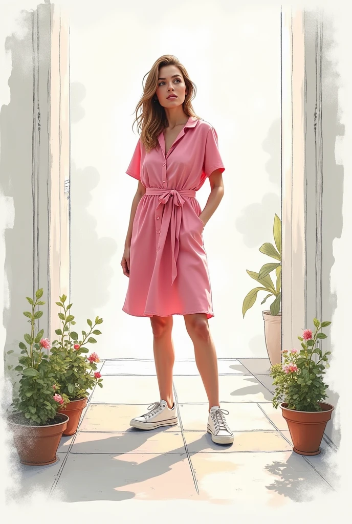 arafed image of a woman in pink dress and sneakers, a sketch by Matthias Weischer, trending on cg society, incoherents, archers, corners, wallpapers, promo image, no watermarks, planters, sneakers, the watchers, f / 1, fighters, borders, f/2, f / 2, “hyper realistic, no background, hunters