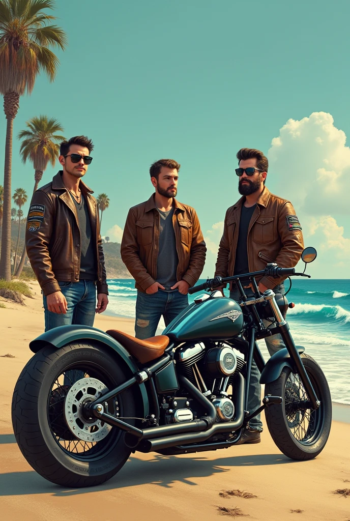 Crée-moi une image avec des bikers à pied devant leur moto style bobber sur la plage de Los Angeles