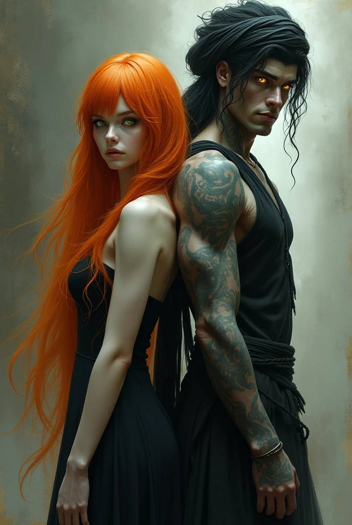 long orange hair,white skin,yellow eyes,black dress human Women.And male handsome Jinn with gray skin,black hair,green eyes,turban,muscular