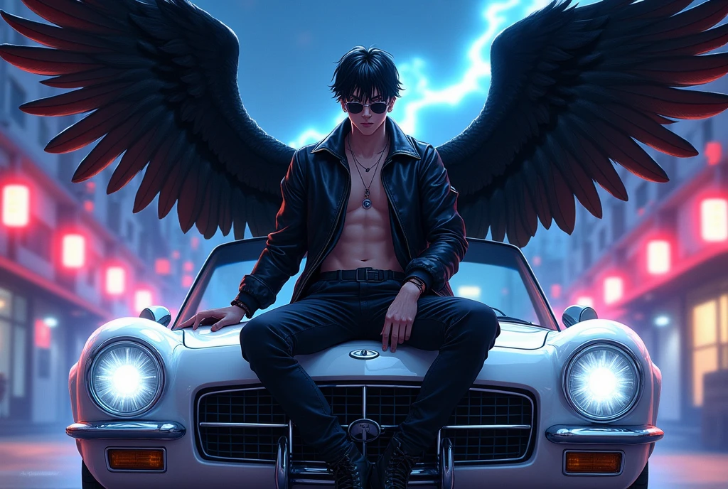 ((best quality)), ((masterpiece)), (detailed), 1man, manhwa style, handsome male, pale skin, black curtain cut hairstyle, glowy white eyes, slightly smiling, one stripe tattoo on his neck, wearing a shades, wearing a retro black Leather jacket, black cargo pants, black boots. ((large black wings (stands out))), sitting on a retro white car, background retro anime vibrant urban glow in the night city road