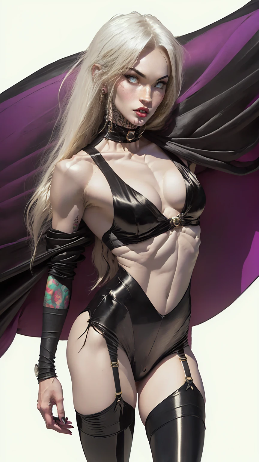 (megan fox), Lady Death, female bodybuilder physique, seductive face, seductive look, (black silk leotard & thigh highs), long white hair, perfect muscular body, long thin legs, white eyes & skin, muscular bulging pecs, (huge muscular shoulders:1.45), (torso shot), (blank background:1.25), MeganF_SoloTI_v1