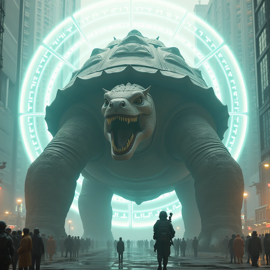 A giant dragon-like turtle, 3D Rendering, Ultra-fine detail, high quality, High resolution, 最high quality,Large photochemical barrier,The shield is deployed to cover the entire body of the turtle.,AT Field,Electromagnetic Barrier,Pale-white barrier、Space distorted by the barrier,Building district,army