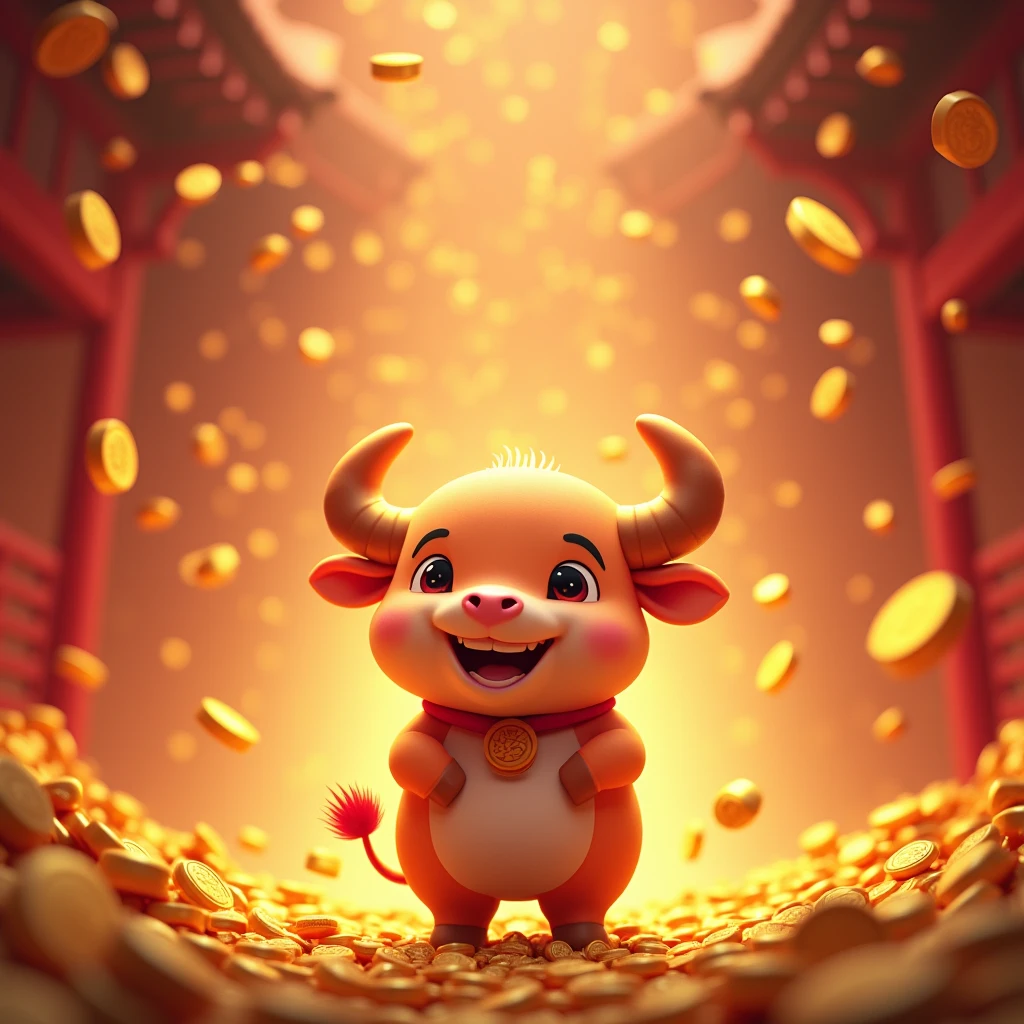 In the lively scene of New Year,Zodiac Ox with a happy smile,Gold sparkles all around,Gold coins rain down from the sky,The surrounding area is filled with gold coins, creating a festive and prosperous atmosphere.
