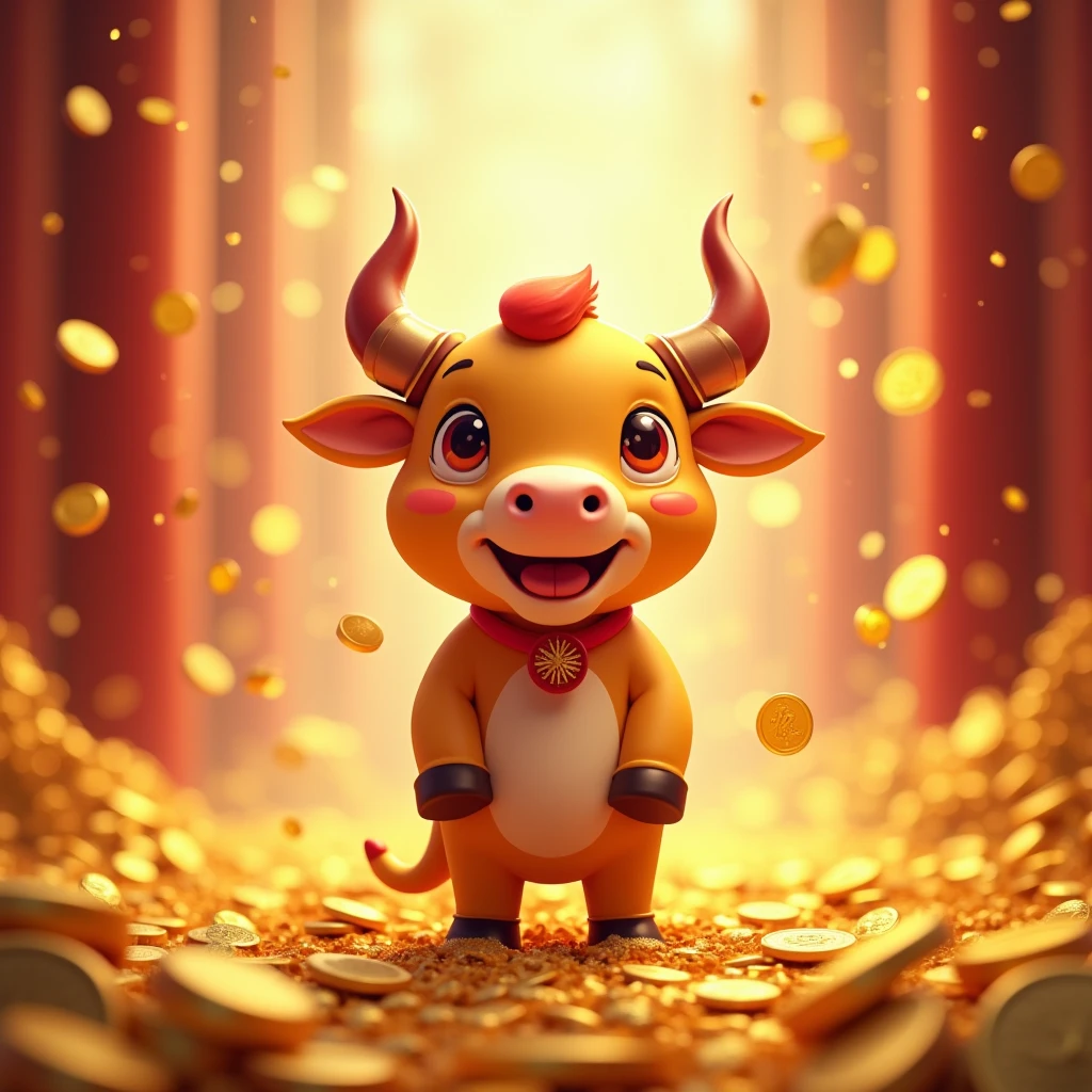In the lively scene of New Year,Zodiac Ox with a happy smile,Gold sparkles all around,Gold coins rain down from the sky,The surrounding area is filled with gold coins, creating a festive and prosperous atmosphere.