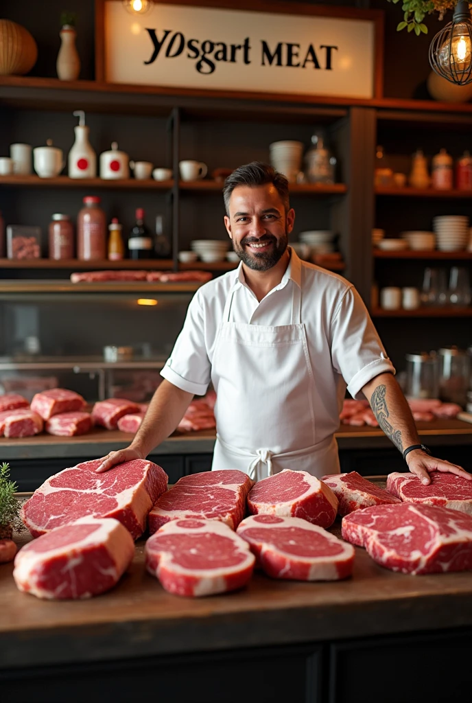 Generate an advertisement for a butcher shop that says “Yosgart Meat”