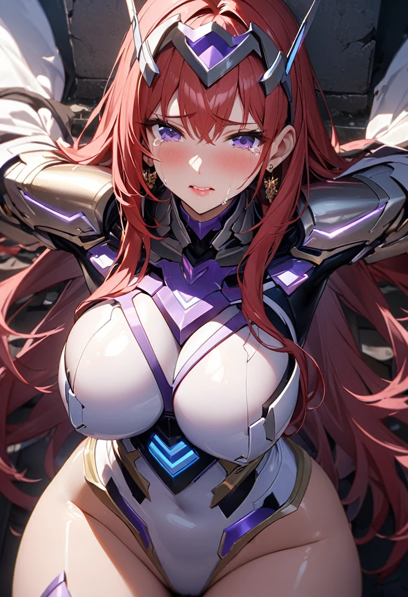 masterpiece、Highest quality、Ultra-high resolution、Maximum resolution、Very detailed、Professional Lighting、anime、Adult female、thin、so beautiful、Crying face、White enamel high leg leotard、Red pattern、((Cyber Armor))、Shiny Armor、red decoration、Cyber Headgear、Shoulders show skin、Gold earrings、Red Hair、Long Hair、Purple Eyes、Big Breasts、Pink Lips、Gloss Lip、White waist cloak、On the back grows large feathers、A timid figure、Being slammed into a wall、I&#39;m scared and panicked、Damaged costume、Overall view