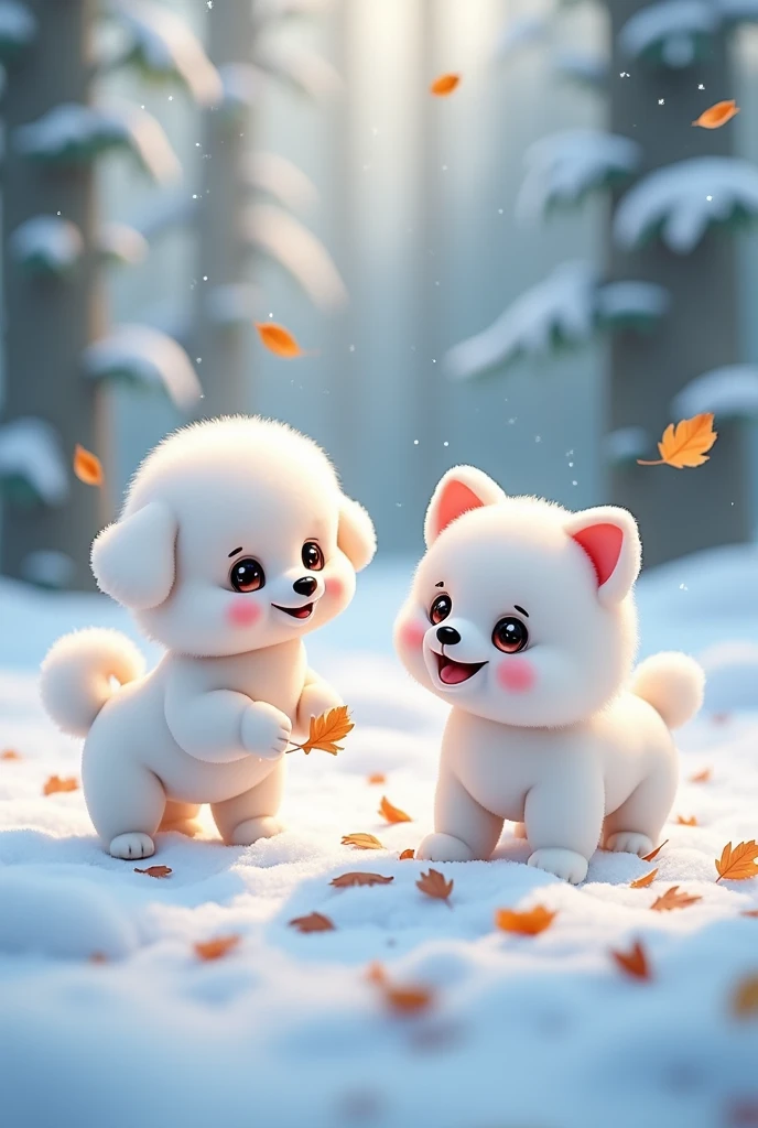 in the forest, A baby white toy poodle with a cute face and round ears、Cute white pomeranian baby、Big Head, A lot of fallen leaves