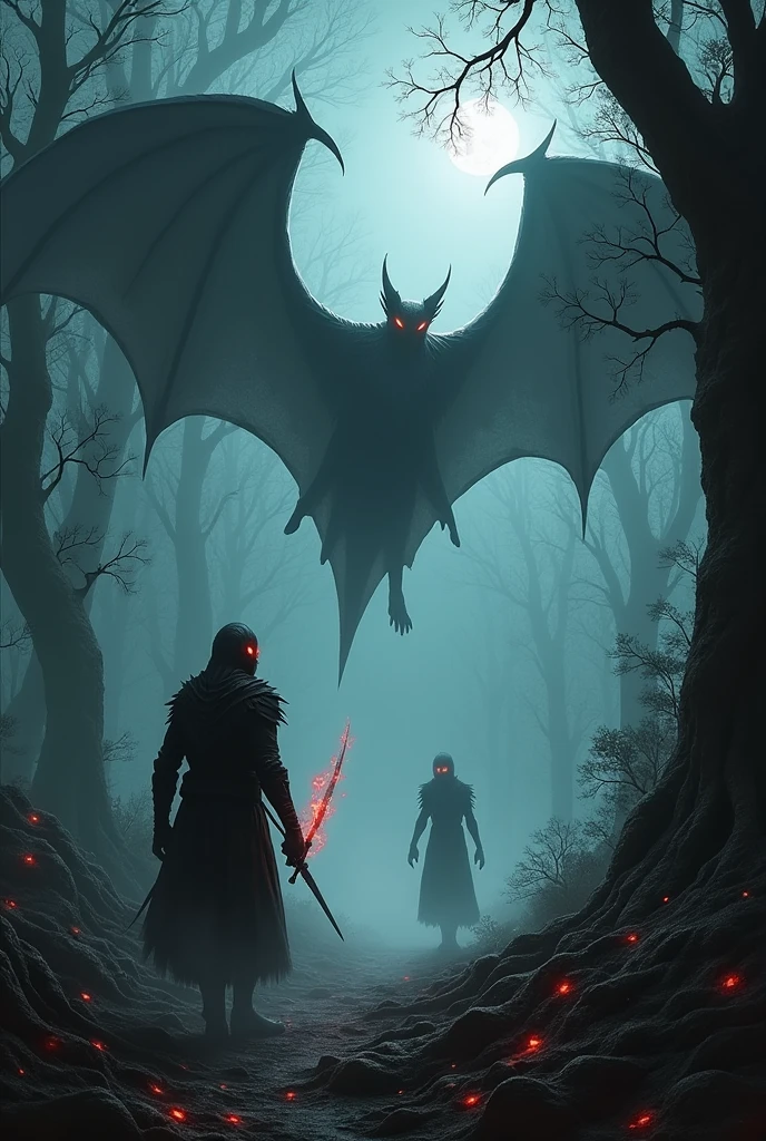 “An ancient, dark forest with twisted tree trunks and crimson-glowing leaves, shrouded in a thick, eerie fog that distorts reality. The forest is ruled by winged vampires, a terrifying fusion of classic vampire and giant bat, with dark, leathery wings extending over vast distances. Their pale, moonlit skin contrasts with their glowing red eyes, capable of controlling shadows and transforming into mist. In the underbrush, a Shadow Huntress, a half-human, half-beast warrior with sharp claws and glowing eyes, clad in bone armor, stalks the vampires with a blade that absorbs light. The scene is intense and ominous, with a palpable sense of dread and power.”