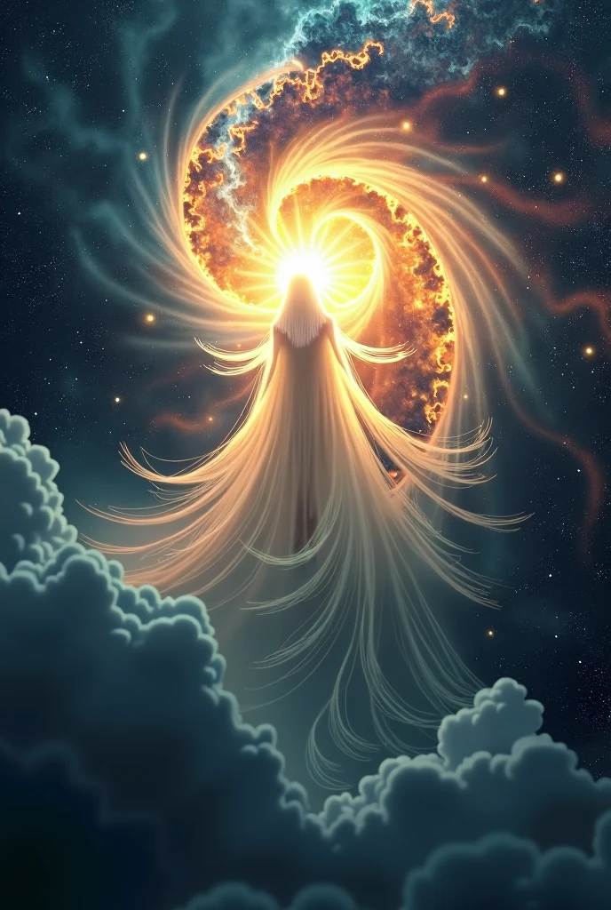 "A symbolic representation of God as a cosmic energy, a radiant, enveloping light that emanates power and serenity. Ao fundo, the universe, with nebulae and stars, suggests that God is present in everything, transcending human understanding."