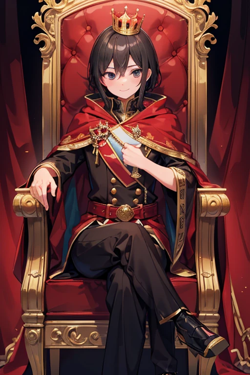 masterpiece, Highest quality, Very detailed, 16K, Ultra-high resolution, Perfect Fingers, Detailed face, One man, black eye, Black Hair, smile, Red Cape, Luxurious clothes, crown, royal palace, Sitting on the throne