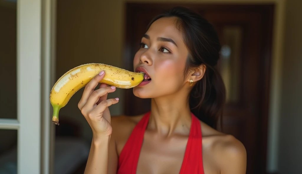 an Indonesian-looking mother wearing a tight red tank top so that her nipples could be seen was posing in a sexy pose while holding a banana covered in thick , the mother licked the banana with a face full of passion.