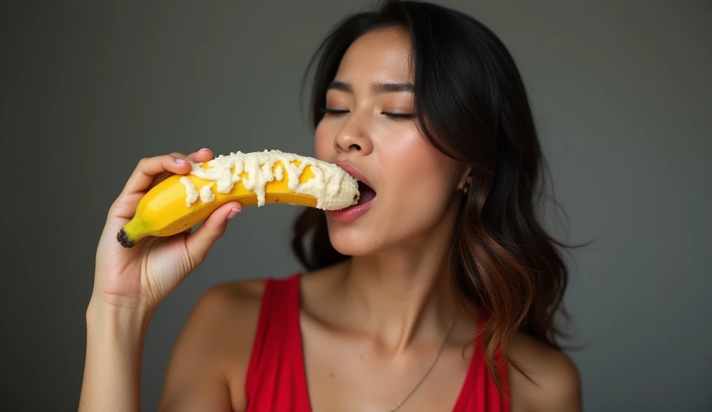 an Indonesian-looking mother wearing a tight red tank top so that her nipples could be seen was posing in a sexy pose while holding a banana covered in thick , the mother licked the banana with a face full of passion.
