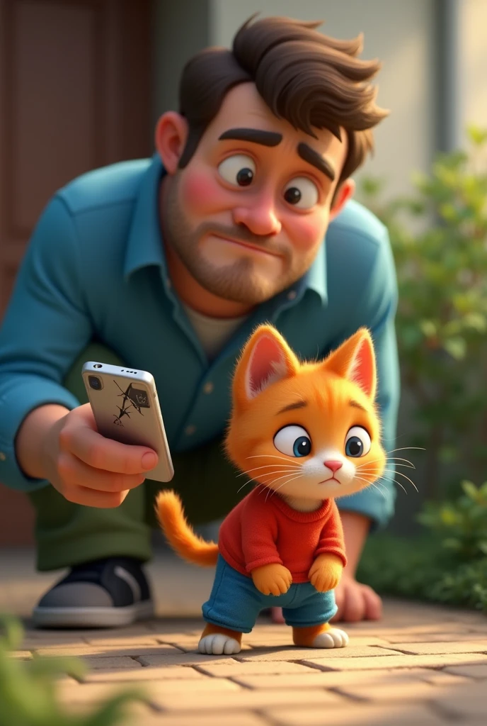 An orange kitten wearing a red shirt and blue pants walks in front of the house and sees his father wearing a blue shirt and green pants, crying and holding a broken phone.