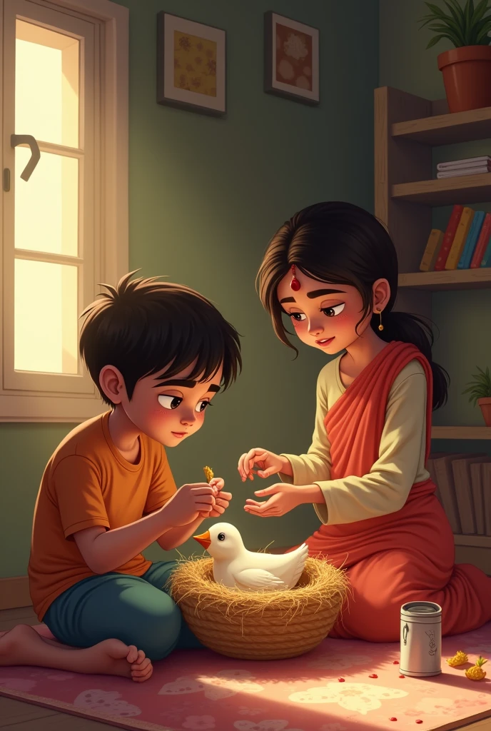 "Inside a modest home, Rahul is gently feeding and caring for the injured bird. The bird is resting in a small nest-like bed that Rahul made. His mother is nearby, offering support with a nurturing expression. The room is simple, with a warm, homely feel."