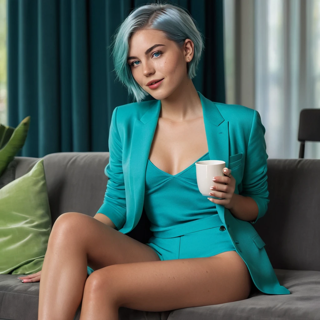 (((Woman, 20 Years Old, Nordic Ethnicity, short blue hair, perfect face, light freckles, Blue-Green Eyes))), ((sitting on the edge of a stylish sofa, legs crossed)), (wearing a chic, slightly revealing outfit). ((Holding a cup of coffee near her lips, gazing at the camera with a seductive smile)), (((warm lighting creating a soft, inviting atmosphere))), (modern living room with elegant decor). (((Color palette - turquoise, neon green, yellow shades))), (best quality, 8k, masterpiece, ultra-detailed, photorealistic, studio lighting, sharp focus).