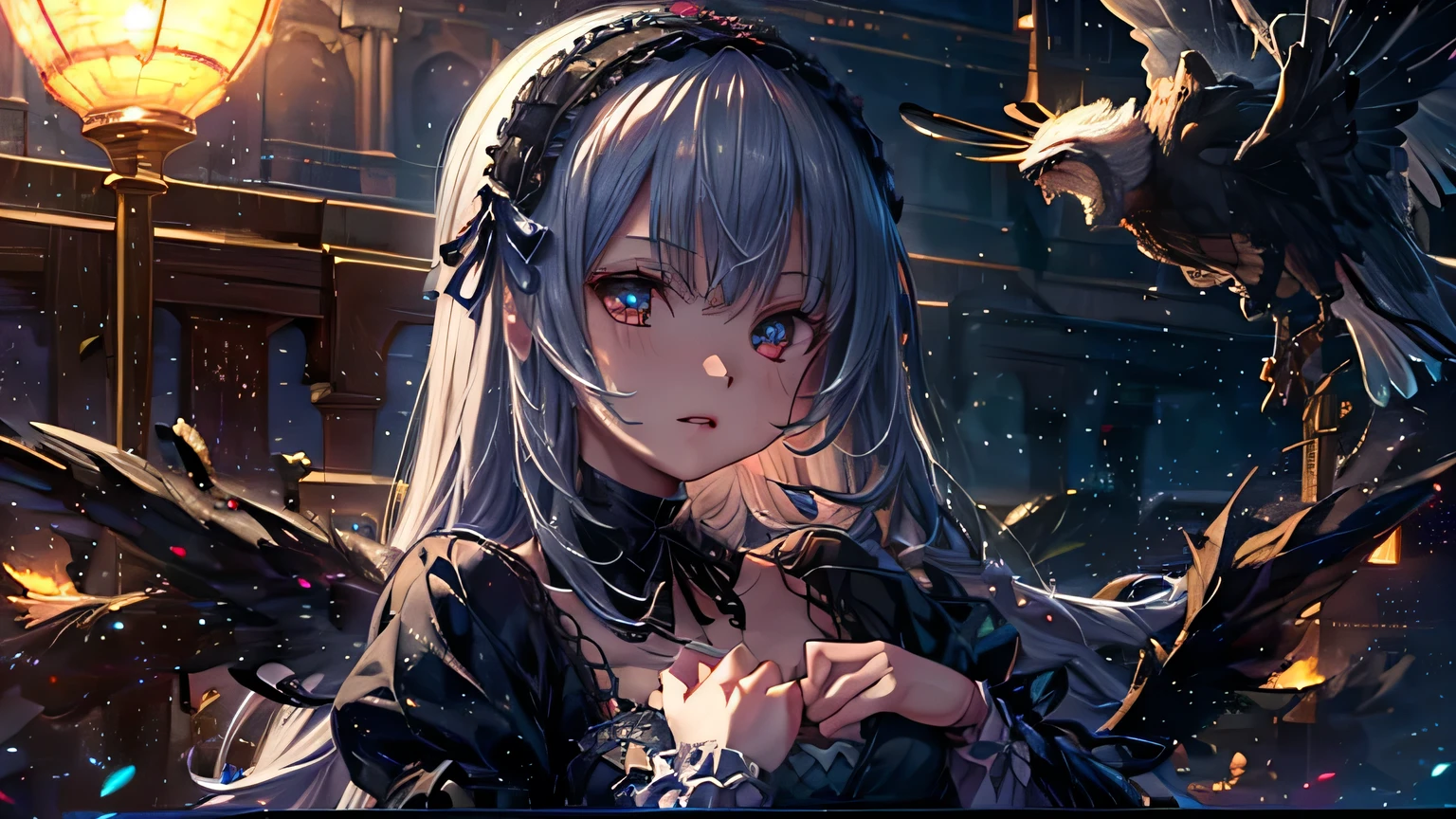 Moonlit Night、(((Flying in the sky)))、Mercury lamp、Black feathers fall、Rozen Maiden Mercury lamp、masterpiece:1.2), best quality, high resolution, unity 8k wallpaper, (number:0.8), (Delicate and beautiful eyes:1.6), The face is rich in detail, pageerfect lighting, Extremely detailed CG, (pageerfect hands, pageerfect Anatomy), page, Anime Girl, best anime 4k, wallpaper, Detailed number anime art, Detailed anime artwork, art wallpaper 4k,, 8k high quality detailed art、