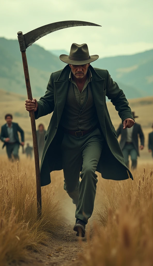 ```Group of people running in front of a farmer dressed in black coat and hat holding a scythe chasing tte group```cinematic realistic