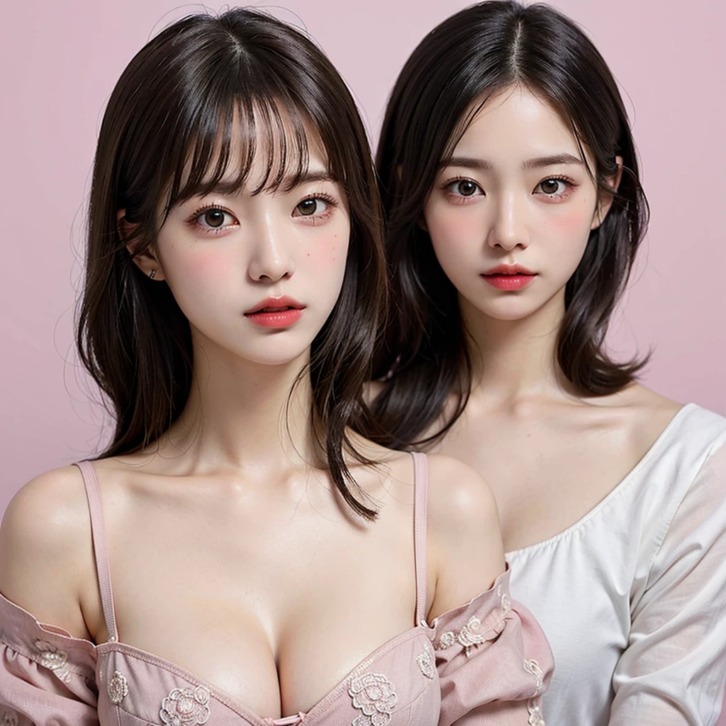Best Quality、wonderful、Intricate details、Fine details、Depth of written boundary、Highest quality、Very detailed、High resolution、超High resolution、Detailed Shadows、Surreal、Realistically、Dramatic Lighting、(2 persons)、(2girl)、Good female friends、Fine details、Detailed Faces、Detailed eyes、Realistic Skin、Bust-up angle、Off-the-shoulder dress、Random Curled Hair、Zoom out、Soft curl hairstyle、Korean Idol、Realistic eyes、Beautiful eyelashes、High resolutionの顔、Pink Background、20-year-old、C cup breasts、Natural color lip
