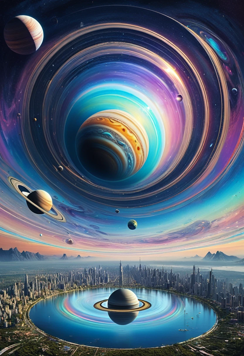 3D drawing art, fusion of acrylic and collage paintings, high and fine artwork, fantasy world, planet with rings like Saturn, mysterious city on the rings, mysterious iridescent creatures flying in the sky, randomly shaped full planets with flowing atmospheres, planetary full rings, shadows, contrast, conceptual installation art, (ultra detailed, absolutely resolution, best quality:1.3), 2.5D, delicate and dynamic effects, iridescent effects, artistic photography, hyper realistic, graphic CG digital art