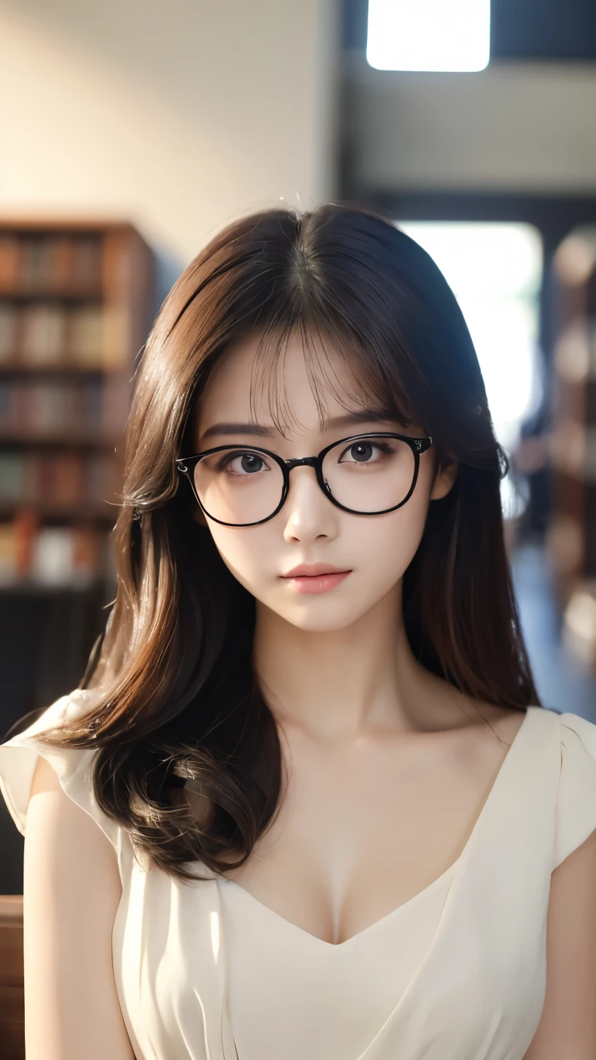 Tabletop、(masterpiece:1.3), (8k, Photorealistic: 1.4, RAW Photos, Best image quality: 1.4), Japanese Idols、Super detailed face、Attention to detail、Genuine、 double eyelid、Big and attractive eyes、Perfectly beautiful eyes、 Sharp focus:1.2、Beautiful woman:1.5、 Light brown hair、 Highest quality、masterpiece、Ultra-high resolution、Depth of written boundary、Perfect Shadow、(Photorealistic:1.4)、 Highly detailed and professional lighting、 Perfectly shaped、Symmetrical face、beautiful girl、Glowing Skin、Sharp focus, Perfect ???????,Realistic Light、Large black-rimmed glasses、realistic glasses、library、Full body view、